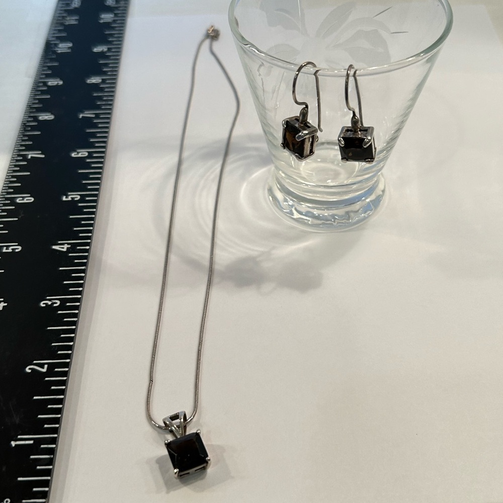 Smoky Quartz  princess cut earrings and pendant set  925 silver